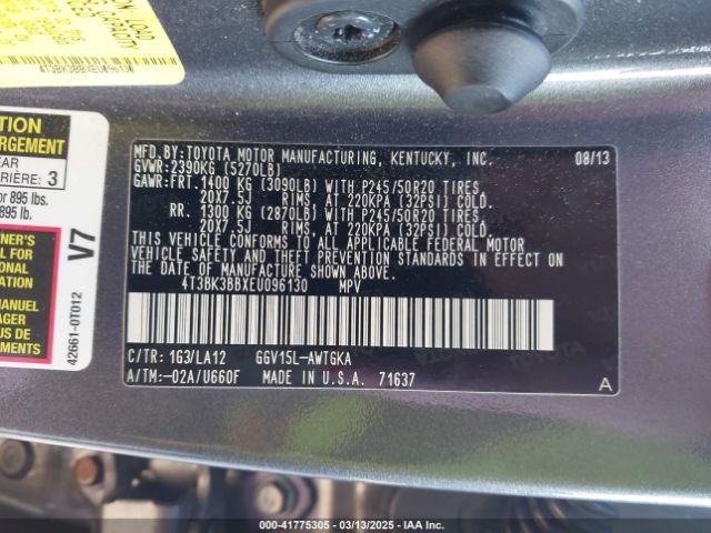 4T3BK3BBXEU096130 Toyota Venza Limited V6