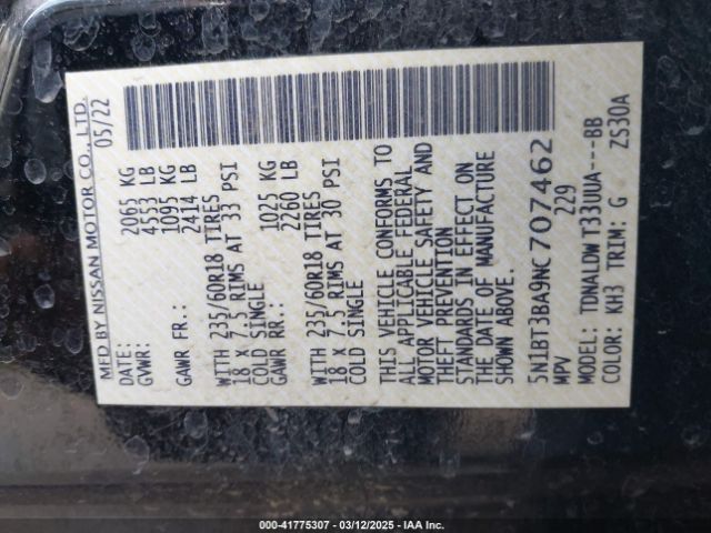 5N1BT3BA9NC707462 Nissan Rogue Sv Fwd