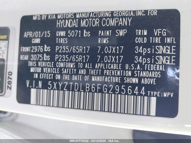 5XYZTDLB6FG295644 Hyundai Santa Fe Sport 2.4l