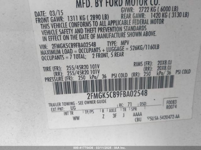 2FMGK5C89FBA02548 Ford FLEX SEL