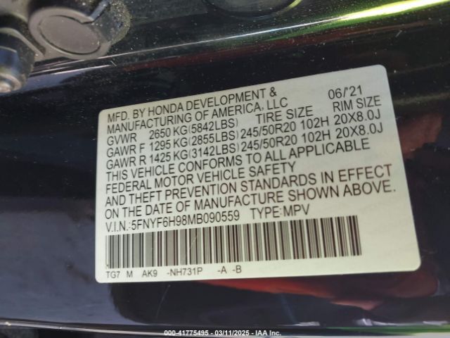 5FNYF6H98MB090559 Honda Pilot Awd Touring 8 Passenger