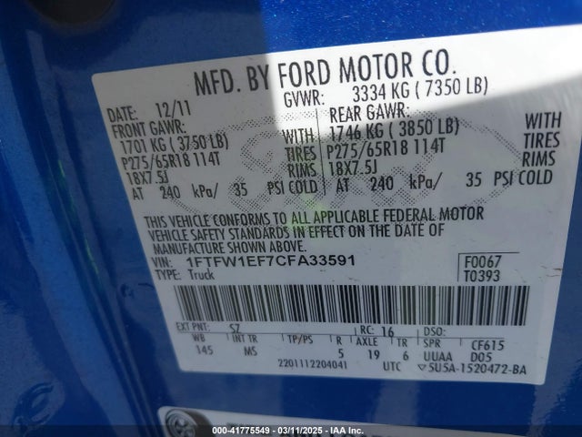 41775549 :رقم المزاد ، 1FTFW1EF7CFA33591 vin ، 2012 Ford F-150 Xlt مزاد بيع
