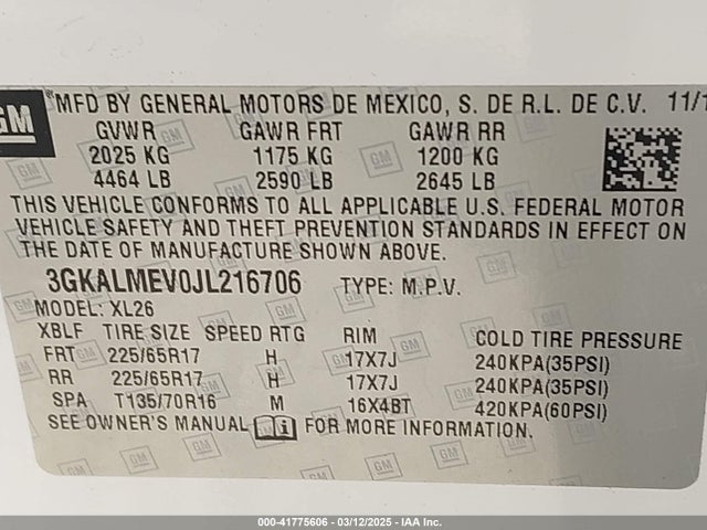 3GKALMEV0JL216706 GMC Terrain Sle
