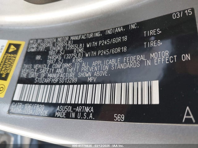 5TDZARFH9FS013289 Toyota Highlander Le