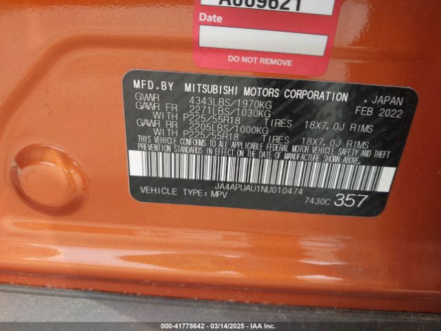 JA4APUAU1NU010474 Mitsubishi Outlander Sport 2.0 Be 2wd/2.0 Es 2wd/2.0 Le 2wd/2.0 S 2wd