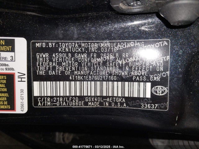 4T1BK1EB7GU217160 Toyota Avalon Xle Plus
