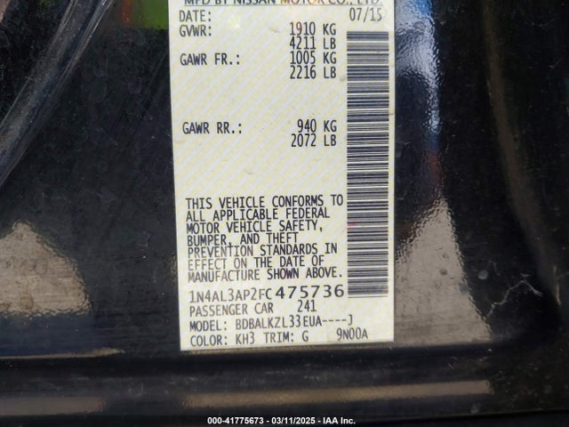 1N4AL3AP2FC475736 Nissan Altima 2.5 Sv