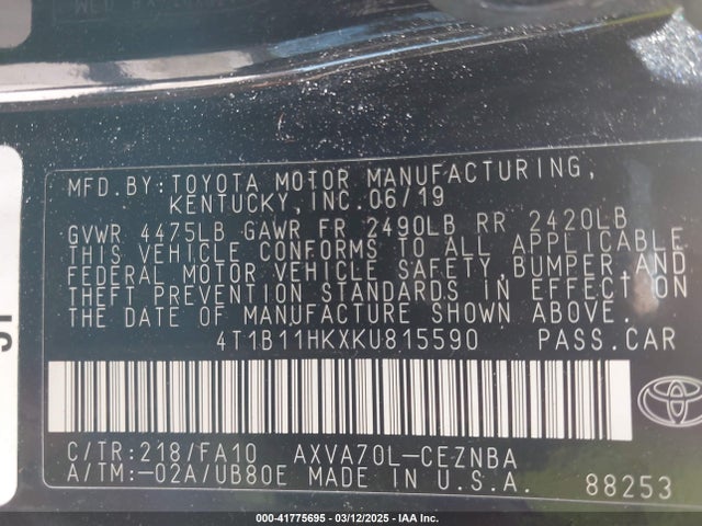 4T1B11HKXKU815590 Toyota CAMRY LE
