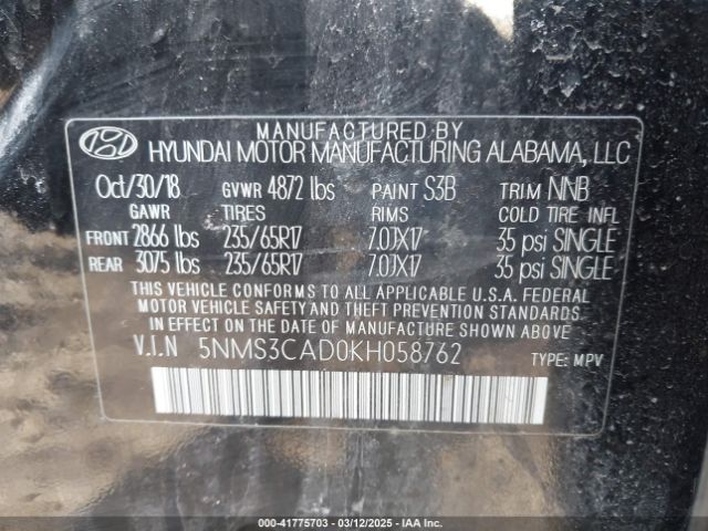 5NMS3CAD0KH058762 Hyundai Santa Fe Sel