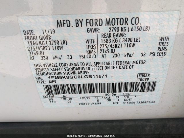 1FM5K8GC0LGB11671 Ford Explorer St