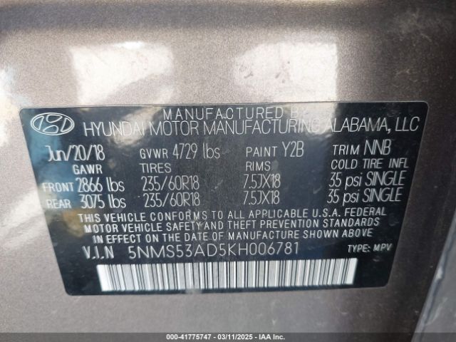 5NMS53AD5KH006781 Hyundai Santa Fe Limited