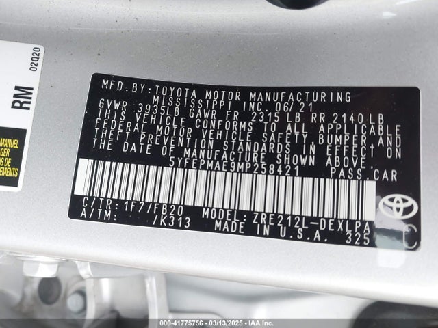 Toyota COROLLA LE 2021 5YFEPMAE9MP258421 Image 9