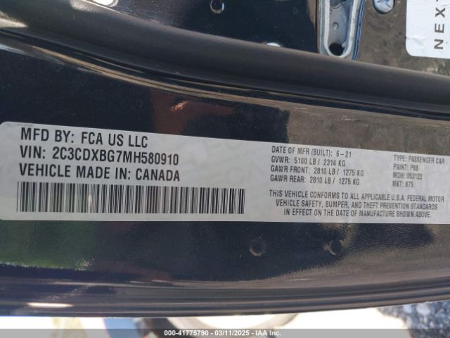 2C3CDXBG7MH580910 Dodge Charger Sxt Rwd