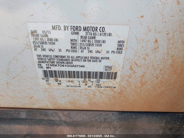 1FM5K7D81GGA07349 Ford EXPLORER XLT