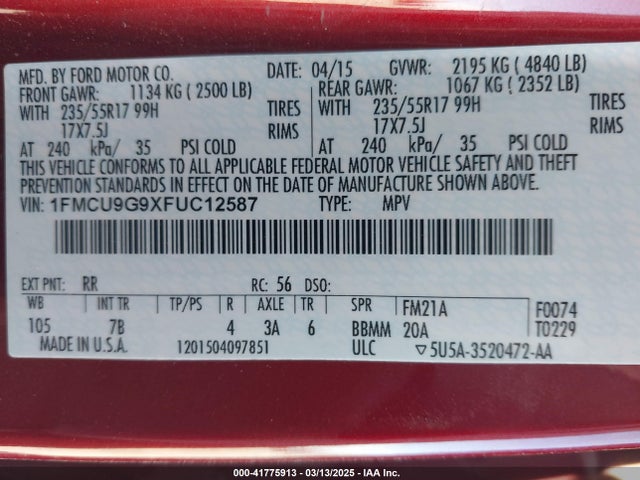 1FMCU9G9XFUC12587 Ford ESCAPE SE
