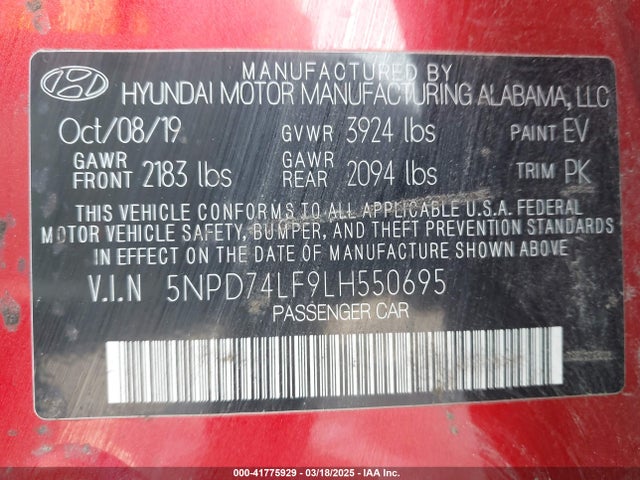 5NPD74LF9LH550695 Hyundai ELANTRA SE