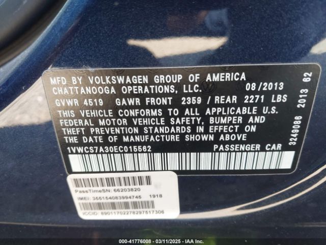 1VWCS7A30EC015562 Volkswagen Passat 1.8t Sel Premium