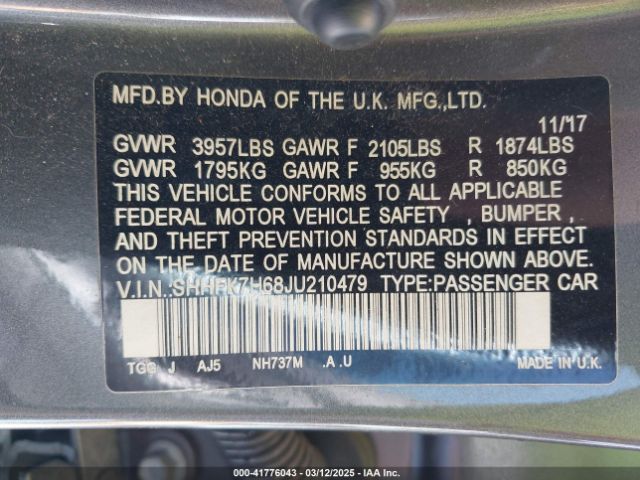 SHHFK7H68JU210479 Honda CIVIC EX