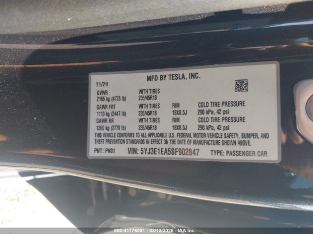 5YJ3E1EA5SF902847 Tesla Model 3 Long Range Rear-wheel Drive