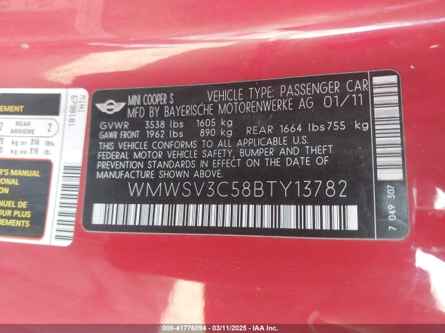 2011 MINI COOPER S WMWSV3C58BTY13782 Photo 8