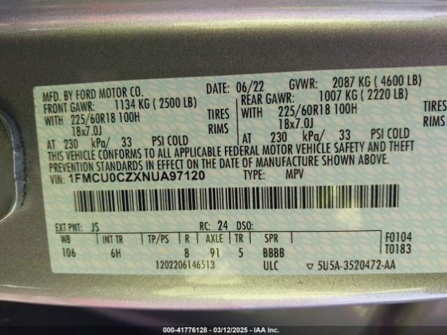 1FMCU0CZXNUA97120 Ford Escape Sel Hybrid