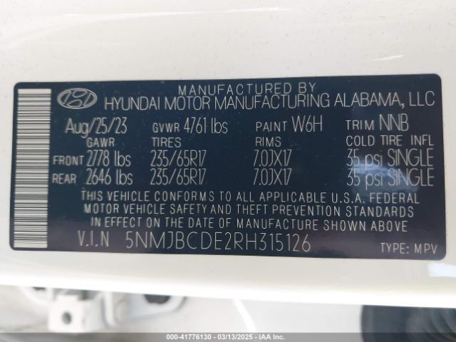 5NMJBCDE2RH315126 Hyundai TUCSON SEL
