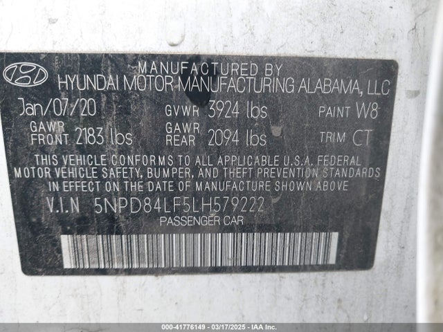 5NPD84LF5LH579222 Hyundai mpi nu