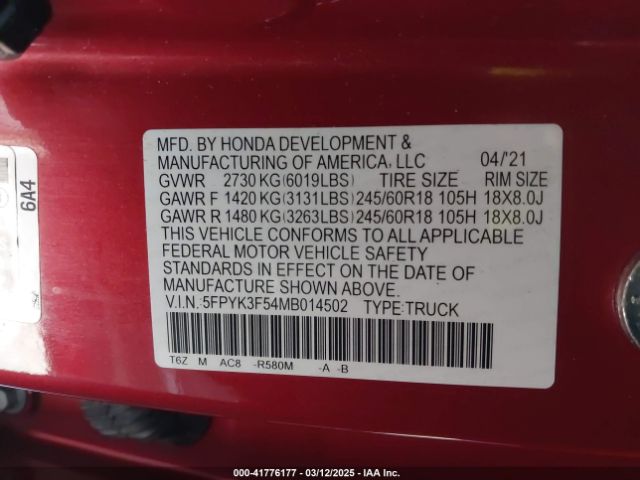 5FPYK3F54MB014502 Honda Ridgeline Awd Rtl