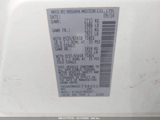 5N1AR2MN2EC734331 Nissan Pathfinder Sv