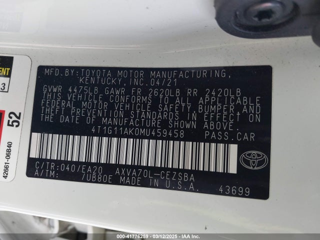 4T1G11AK0MU459458 Toyota CAMRY SE