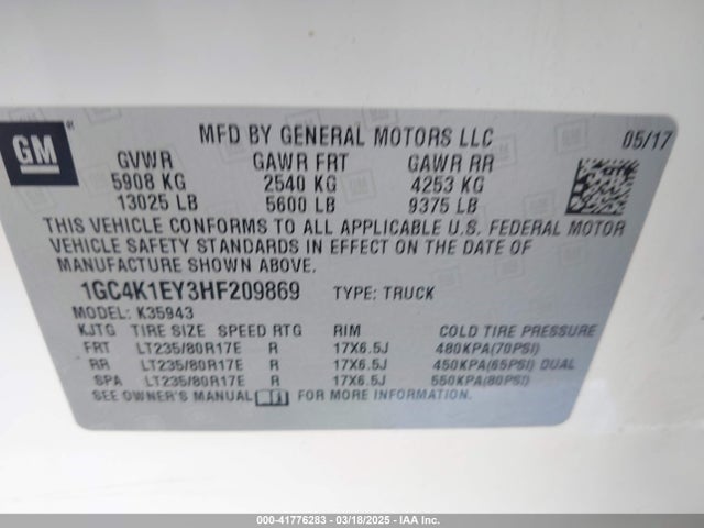1GC4K1EY3HF209869 Chevrolet l5p - direct injection, duramax, gen 5, var 1