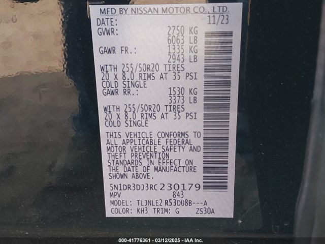 5N1DR3DJ3RC230179 Nissan Pathfinder Platinum 4wd