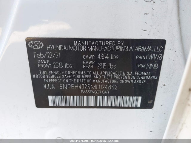 5NPEH4J25MH124862 Hyundai Sonata Limited