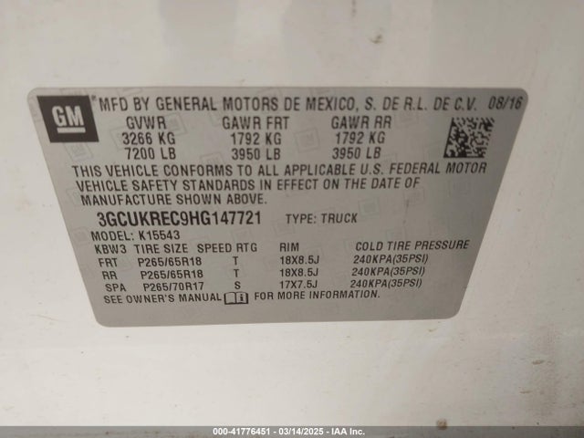 3GCUKREC9HG147721 Chevrolet Silverado 1500 2lt