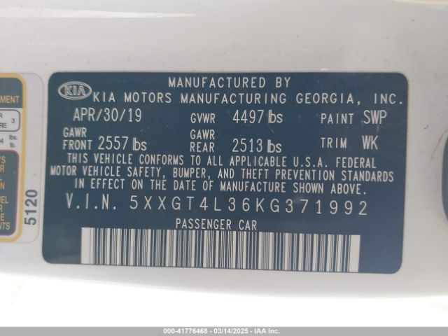 2019 KIA OPTIMA 5XXGT4L36KG371992 Photo 8