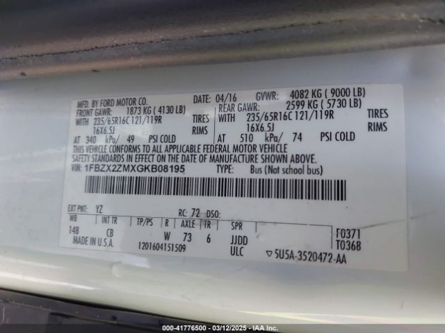 1FBZX2ZMXGKB08195 Ford Transit-350 Xlt