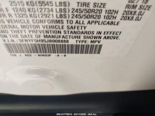 5FNYF5H95JB008888 Honda Pilot Touring