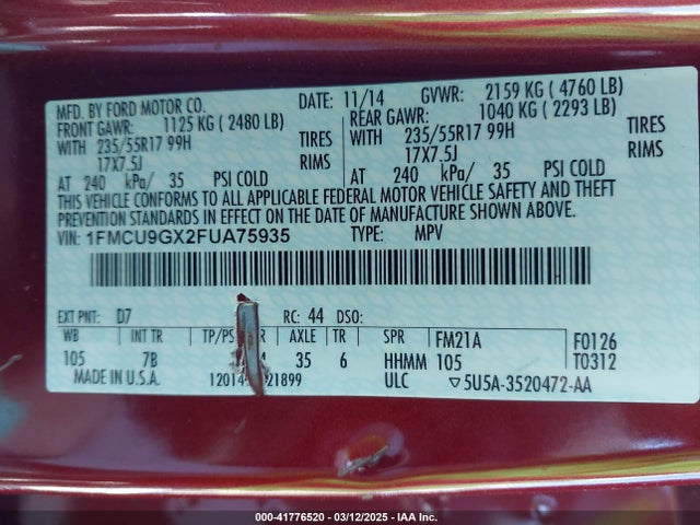 1FMCU9GX2FUA75935 Ford ESCAPE SE