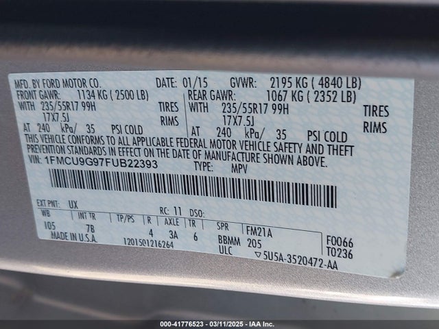 Ford ESCAPE SE 2015 1FMCU9G97FUB22393 Image 9