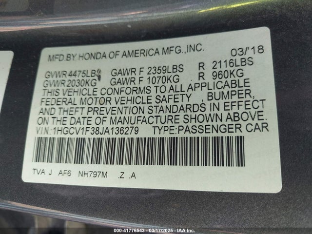 1HGCV1F38JA136279 Honda Accord Sport