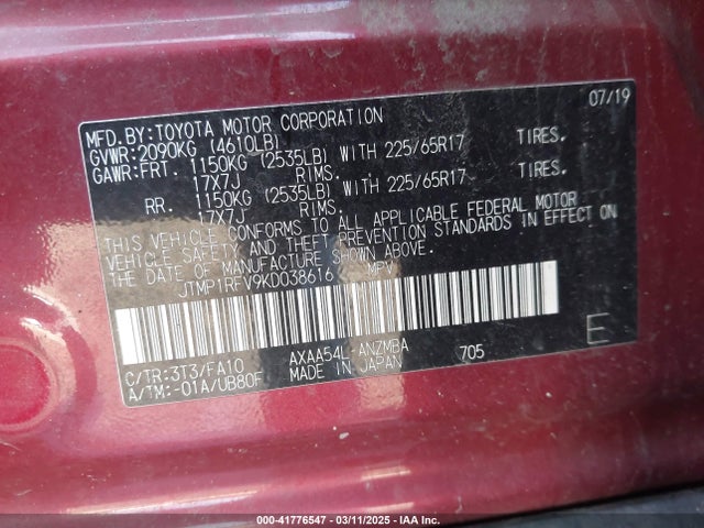 Toyota Rav4 Xle 2019 JTMP1RFV9KD038616 Image 8