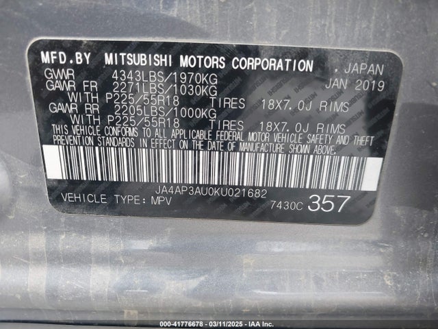Mitsubishi mivec 2019 JA4AP3AU0KU021682 Image 9