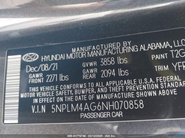 5NPLM4AG6NH070858 Hyundai ELANTRA SEL