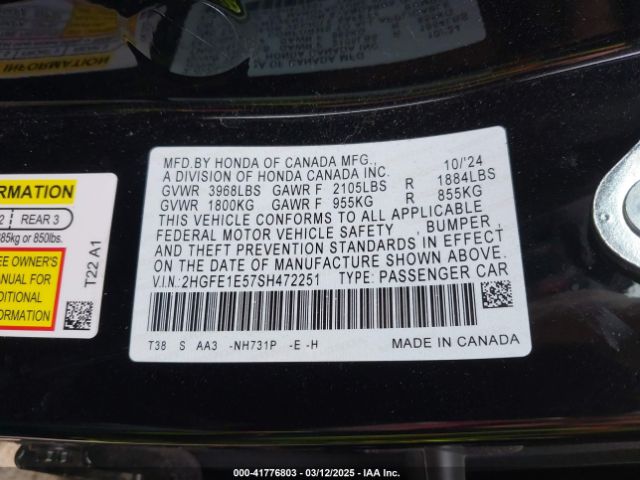 2HGFE1E57SH472251 Honda Civic Si Base W/high Performance Summer Tires/