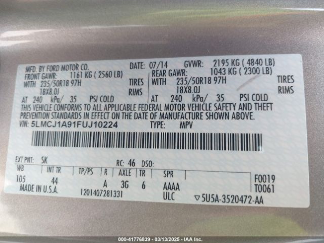5LMCJ1A91FUJ10224 Lincoln MKC