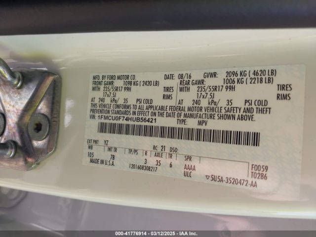 1FMCU0F74HUB56421 Ford ESCAPE S