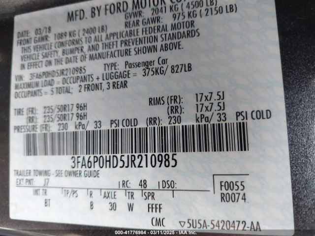 3FA6P0HD5JR210985 Ford FUSION SE