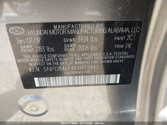 5NPD84LF4KH455442 Hyundai mpi nu