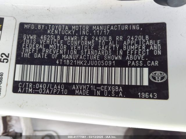 4T1B21HK2JU005091 Toyota Camry Hybrid Xle