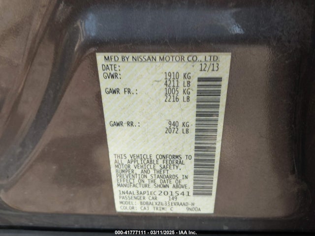 1N4AL3AP1EC201541 Nissan Altima 2.5 Sl